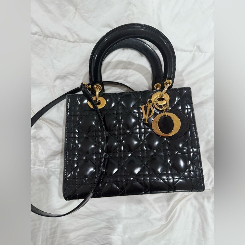 Christian Dior Vintage Medium Lady Dior Black Patent Cannage Bag Gold Hardware